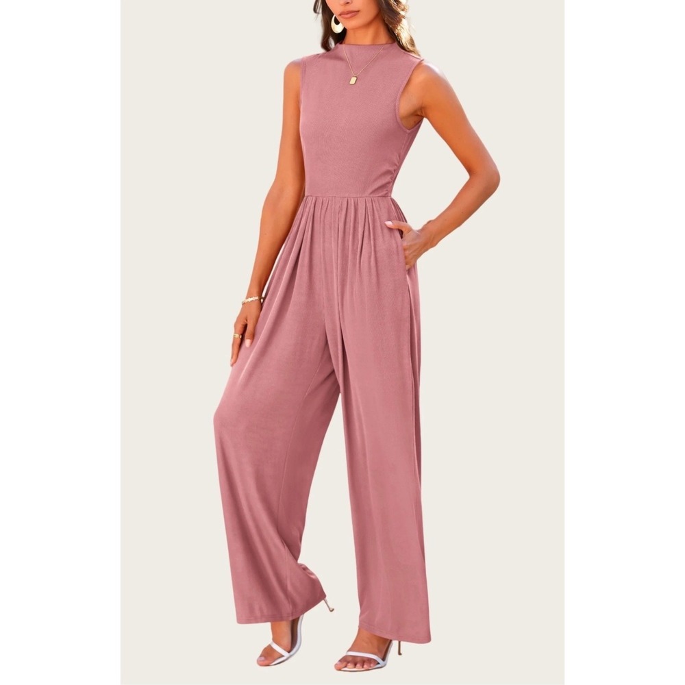 PrettyGarden Women Dusty Rose Ribbed Mock Neck Wide Leg Jumpsuit Small Pockets